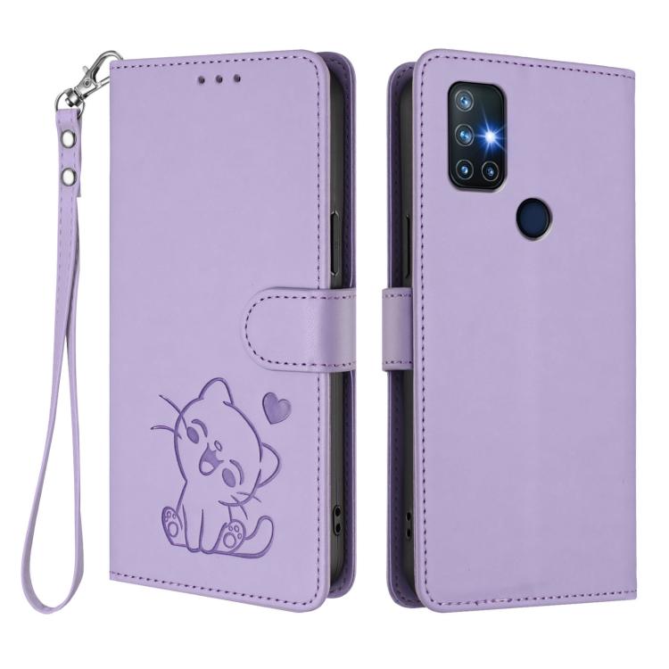 For OnePlus Nord N10 5G Embossed Heart Cat Leather Phone Case with Hand Strap