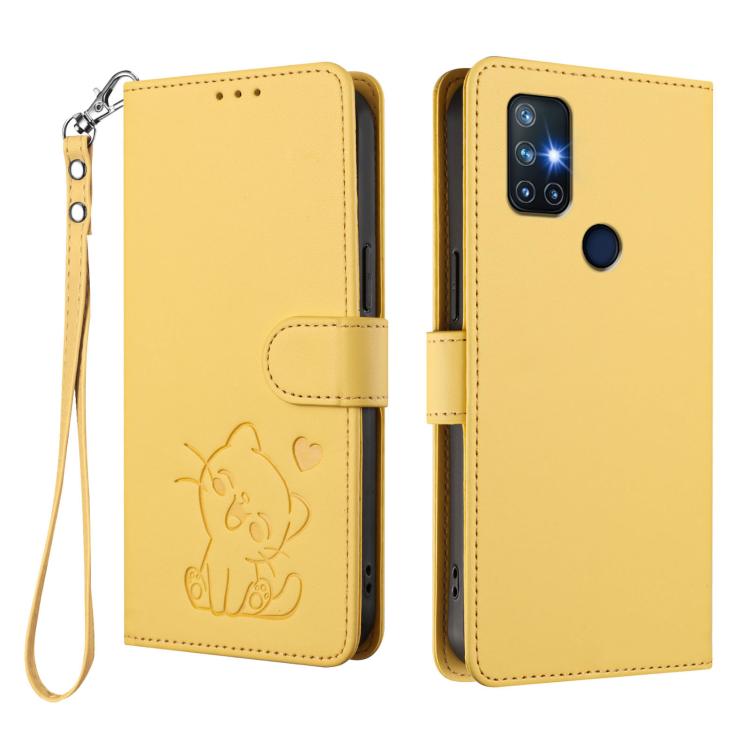 For OnePlus Nord N10 5G Embossed Heart Cat Leather Phone Case with Hand Strap