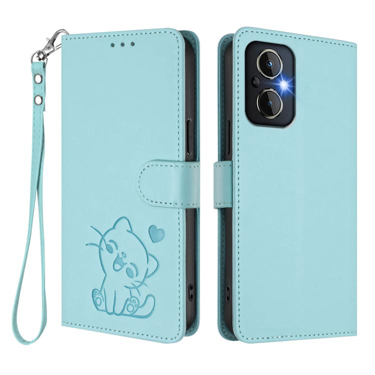 OnePlus Nord N20 5G Embossed Heart Cat Leather Phone Case with Hand Strap