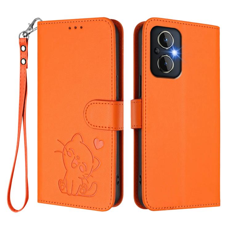 OnePlus Nord N20 5G Embossed Heart Cat Leather Phone Case with Hand Strap