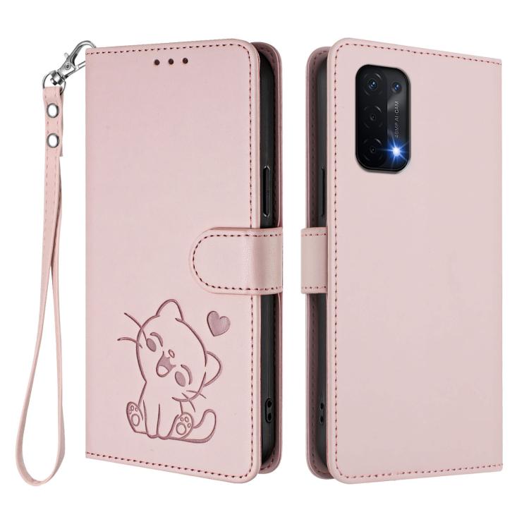 For OnePlus Nord N200 5G Embossed Heart Cat Leather Phone Case with Hand Strap