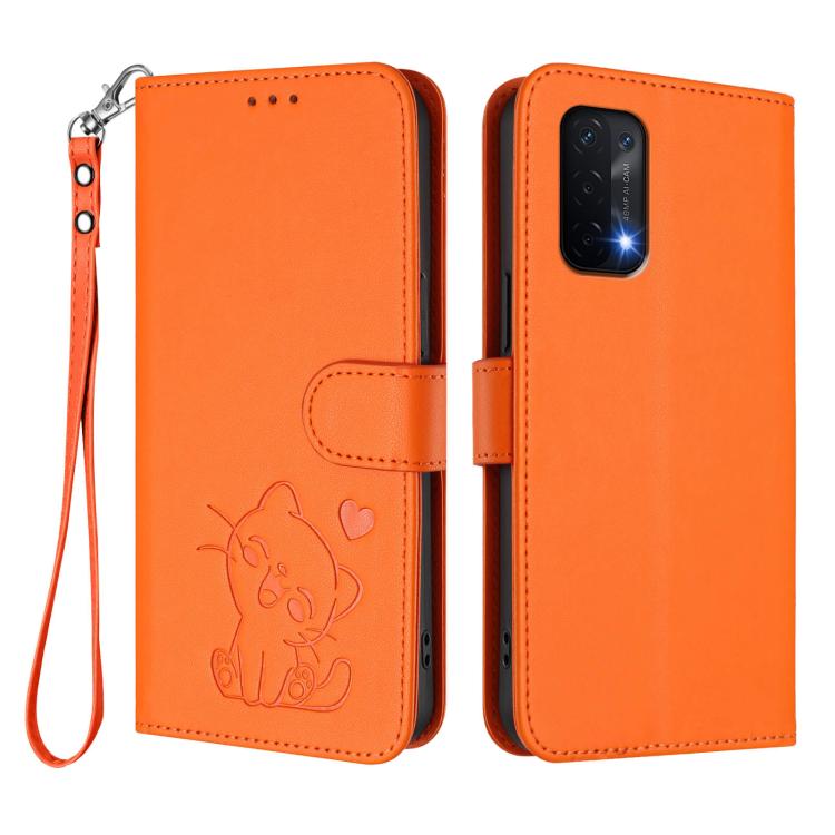 For OnePlus Nord N200 5G Embossed Heart Cat Leather Phone Case with Hand Strap