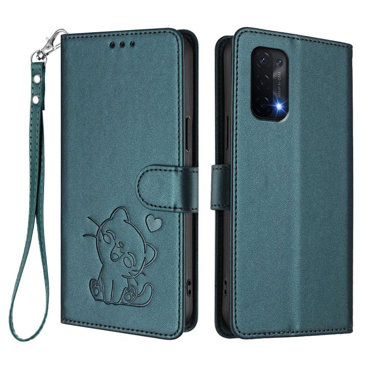 For OnePlus Nord N200 5G Embossed Heart Cat Leather Phone Case with Hand Strap