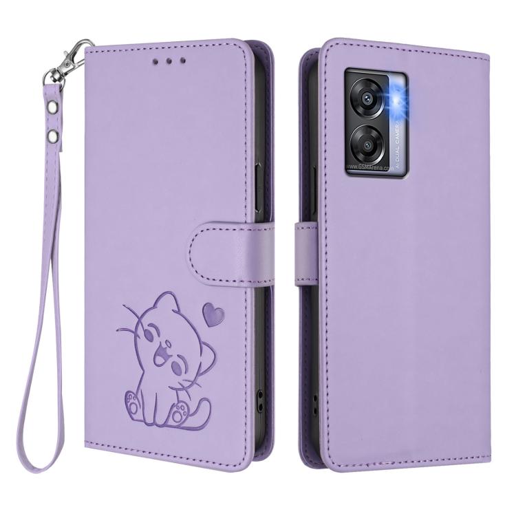 For OnePlus Nord N300 Embossed Heart Cat Leather Phone Case with Hand Strap