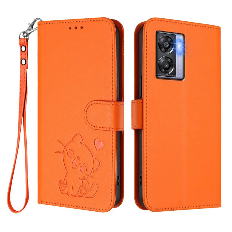 For OnePlus Nord N300 Embossed Heart Cat Leather Phone Case with Hand Strap