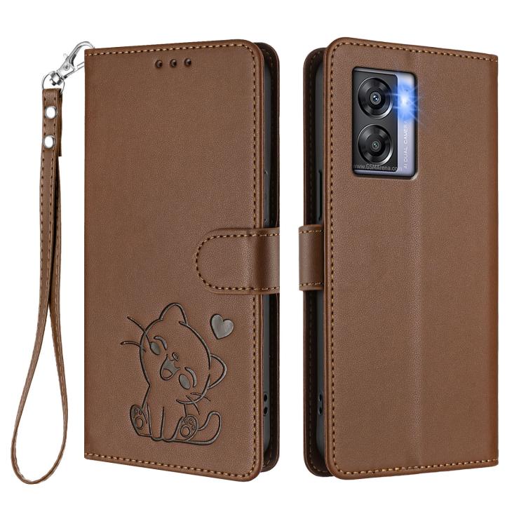 For OnePlus Nord N300 Embossed Heart Cat Leather Phone Case with Hand Strap