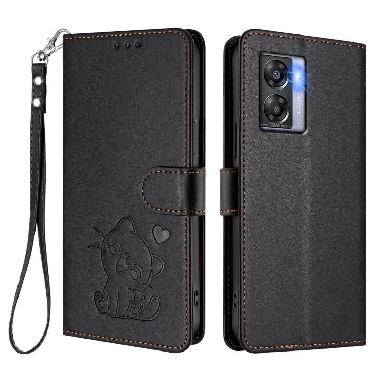 For OnePlus Nord N300 Embossed Heart Cat Leather Phone Case with Hand Strap