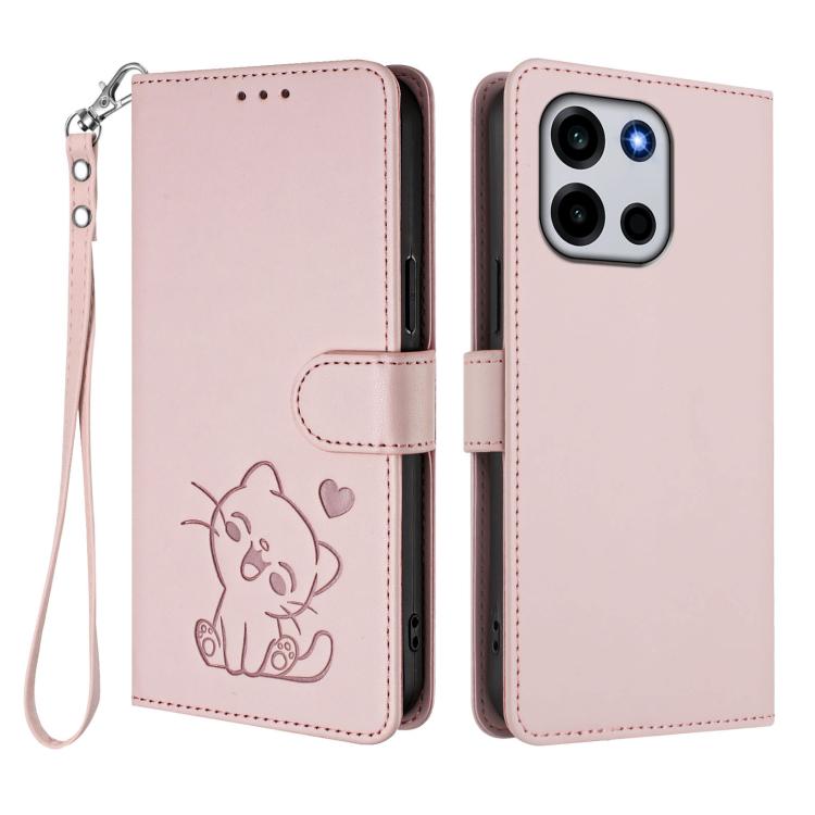 For OnePlus Turbo 6 / 6V 5G Embossed Heart Cat Leather Phone Case with Hand Strap