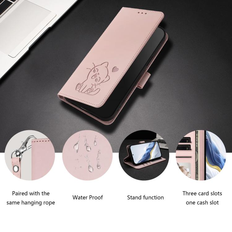 For OnePlus Turbo 6 / 6V 5G Embossed Heart Cat Leather Phone Case with Hand Strap