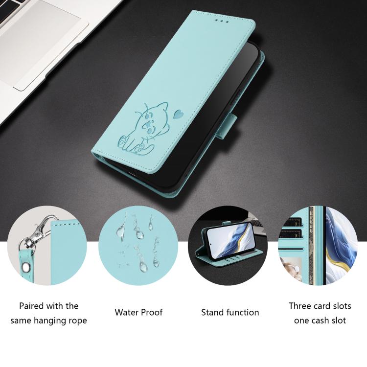 For OnePlus Turbo 6 / 6V 5G Embossed Heart Cat Leather Phone Case with Hand Strap