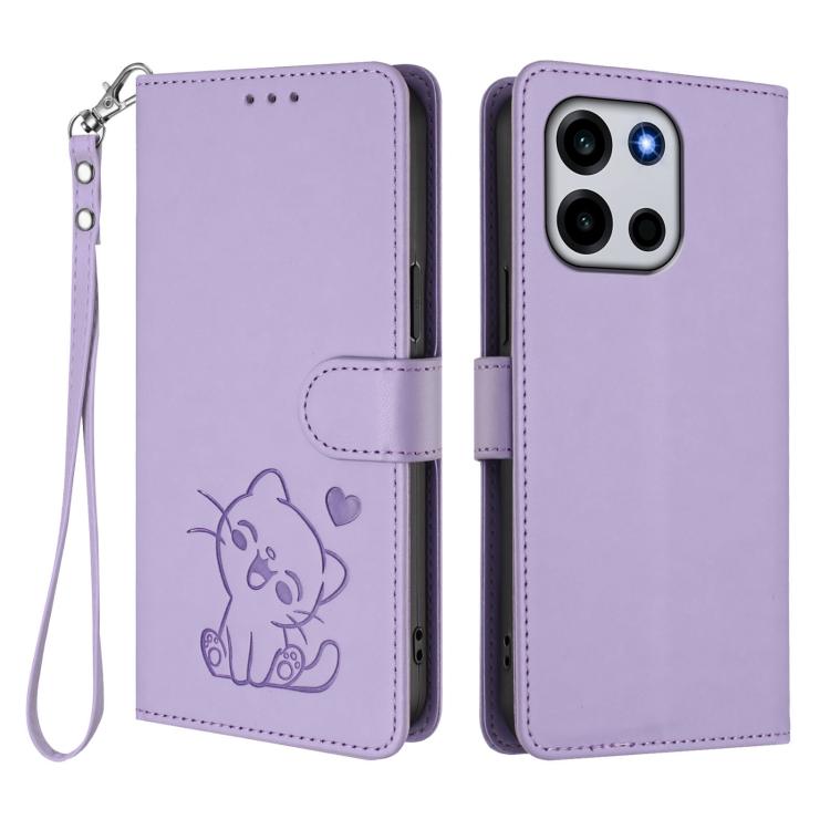 For OnePlus Turbo 6 / 6V 5G Embossed Heart Cat Leather Phone Case with Hand Strap