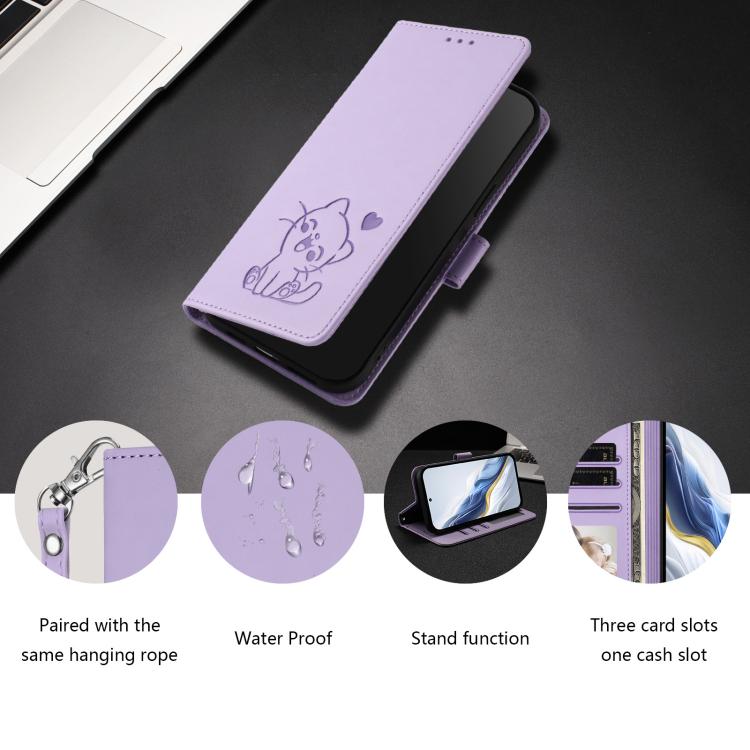 For OnePlus Turbo 6 / 6V 5G Embossed Heart Cat Leather Phone Case with Hand Strap