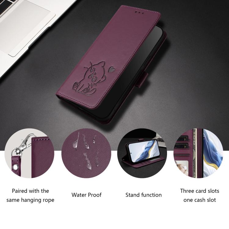 For OnePlus Turbo 6 / 6V 5G Embossed Heart Cat Leather Phone Case with Hand Strap