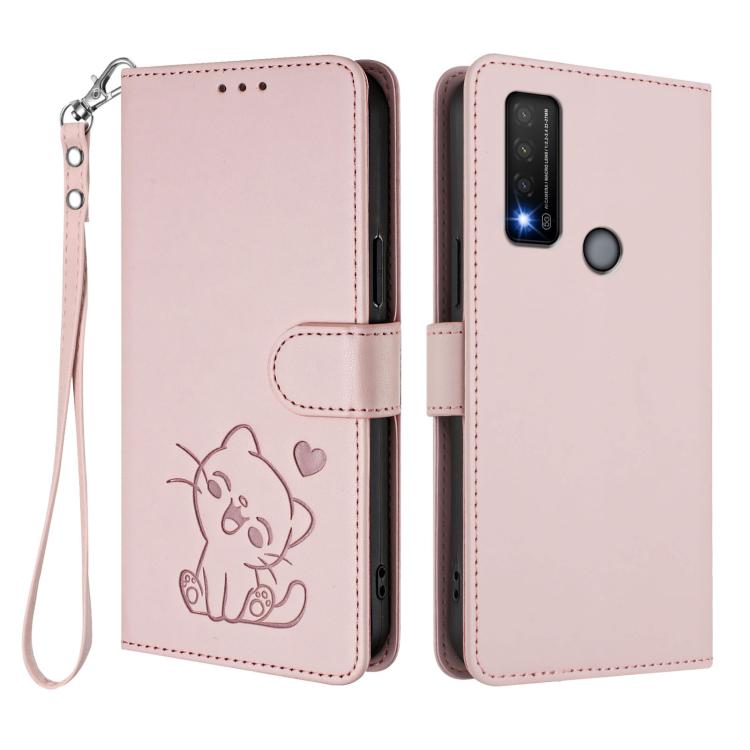 For TCL 20R / Bremen 5G / 20AX 5G Embossed Heart Cat Leather Phone Case with Hand Strap
