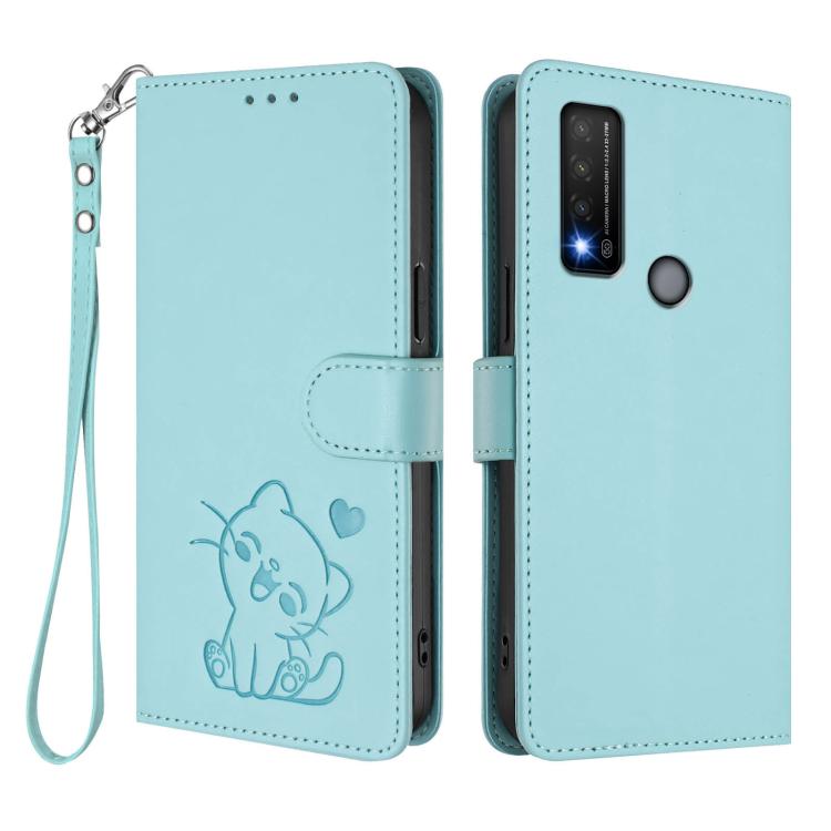 For TCL 20R / Bremen 5G / 20AX 5G Embossed Heart Cat Leather Phone Case with Hand Strap