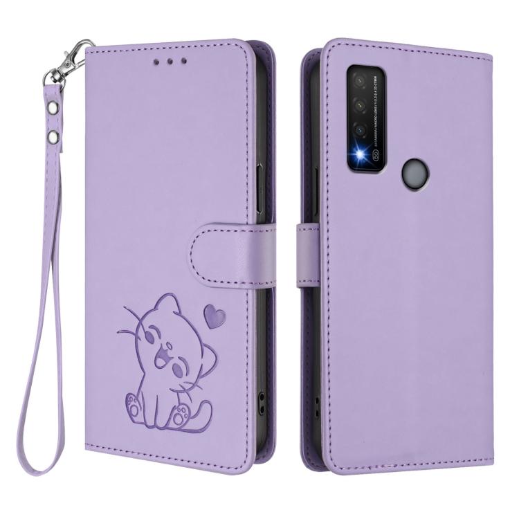 For TCL 20R / Bremen 5G / 20AX 5G Embossed Heart Cat Leather Phone Case with Hand Strap