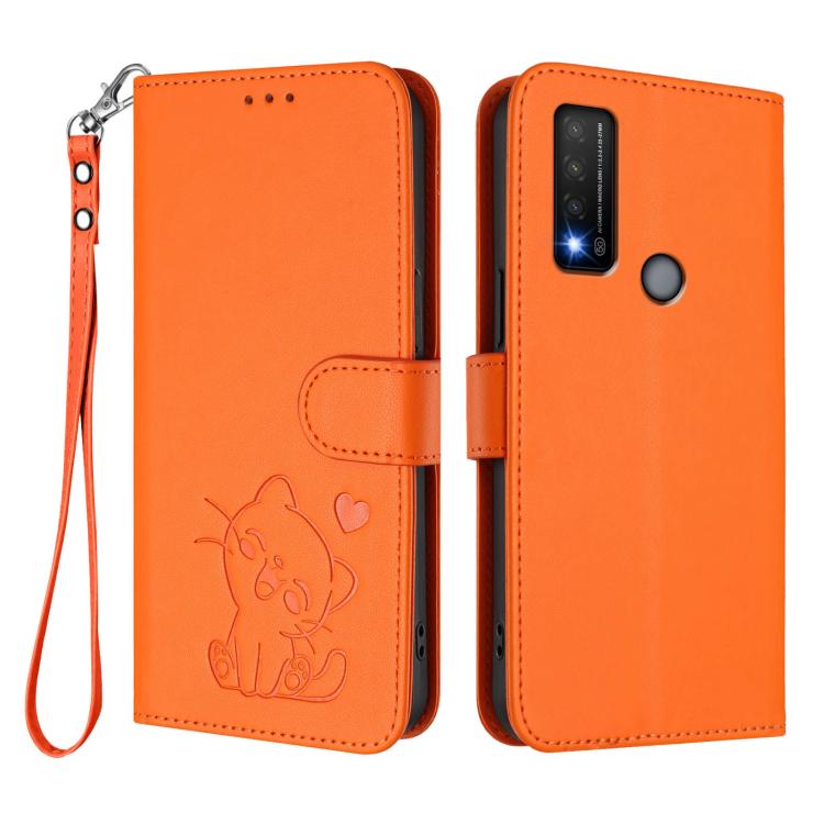 For TCL 20R / Bremen 5G / 20AX 5G Embossed Heart Cat Leather Phone Case with Hand Strap