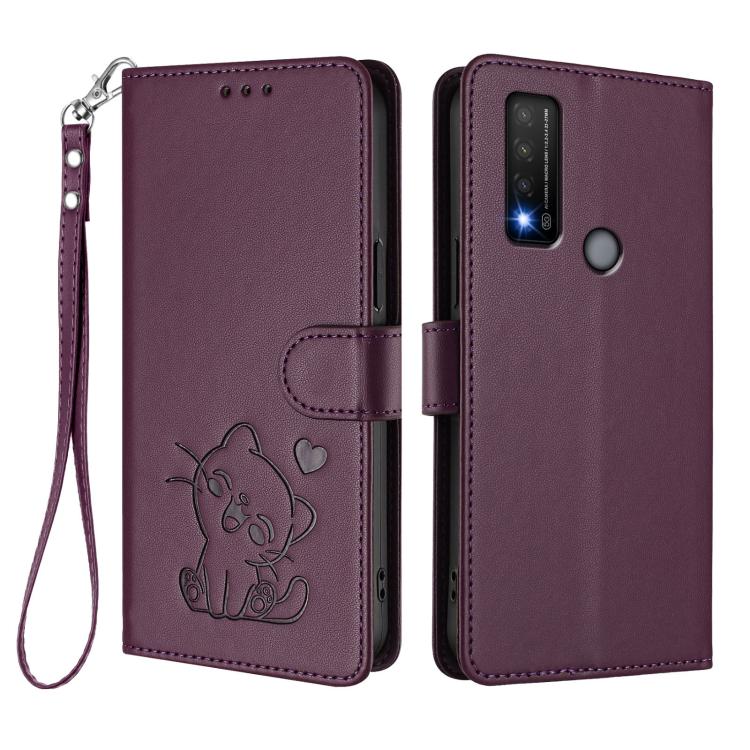 For TCL 20R / Bremen 5G / 20AX 5G Embossed Heart Cat Leather Phone Case with Hand Strap