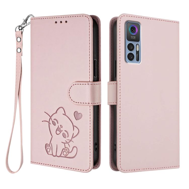 For TCL 30 4G / 5G / 30+ Embossed Heart Cat Leather Phone Case with Hand Strap