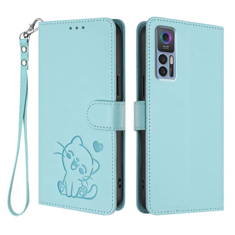 For TCL 30 4G / 5G / 30+ Embossed Heart Cat Leather Phone Case with Hand Strap