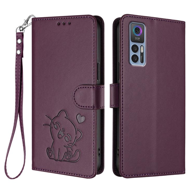 For TCL 30 4G / 5G / 30+ Embossed Heart Cat Leather Phone Case with Hand Strap