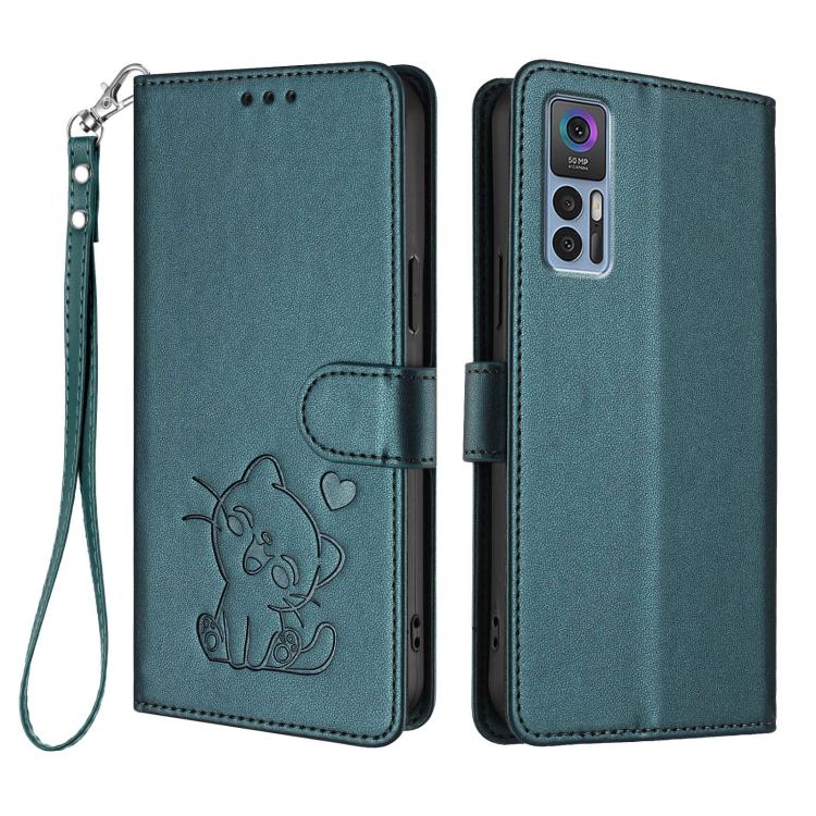 For TCL 30 4G / 5G / 30+ Embossed Heart Cat Leather Phone Case with Hand Strap