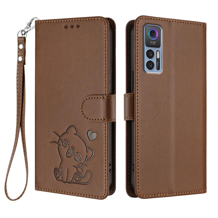 For TCL 30 4G / 5G / 30+ Embossed Heart Cat Leather Phone Case with Hand Strap