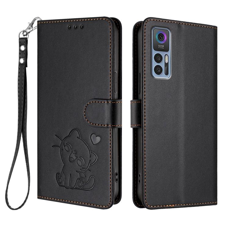 For TCL 30 4G / 5G / 30+ Embossed Heart Cat Leather Phone Case with Hand Strap