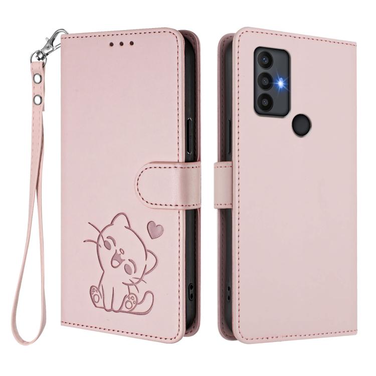 For TCL 30 SE Embossed Heart Cat Leather Phone Case with Hand Strap