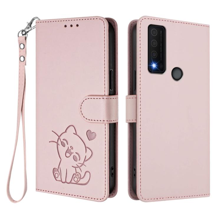 For TCL 30 XE 5G / 30V 5G / T781S Embossed Heart Cat Leather Phone Case with Hand Strap