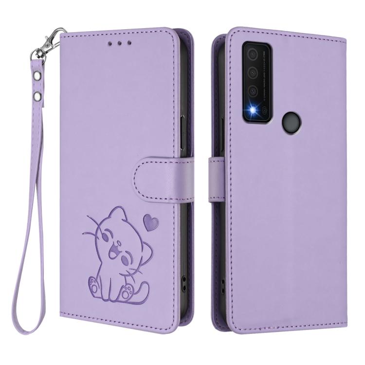 For TCL 30 XE 5G / 30V 5G / T781S Embossed Heart Cat Leather Phone Case with Hand Strap