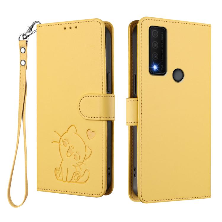 For TCL 30 XE 5G / 30V 5G / T781S Embossed Heart Cat Leather Phone Case with Hand Strap