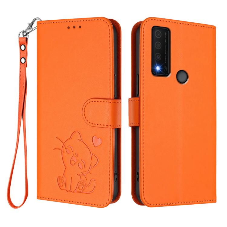 For TCL 30 XE 5G / 30V 5G / T781S Embossed Heart Cat Leather Phone Case with Hand Strap