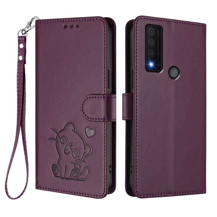For TCL 30 XE 5G / 30V 5G / T781S Embossed Heart Cat Leather Phone Case with Hand Strap