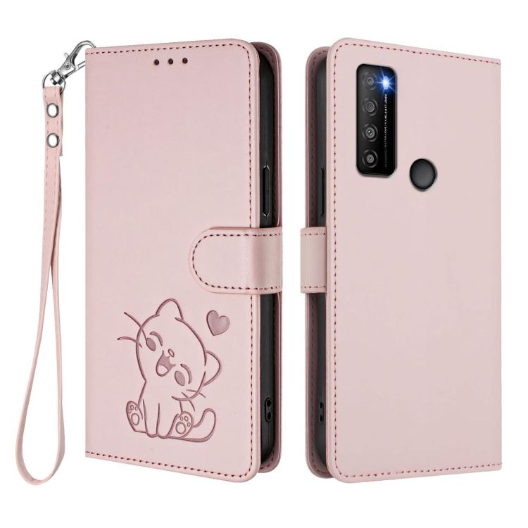 For TCL 30 XL / T701DL Embossed Heart Cat Leather Phone Case with Hand Strap