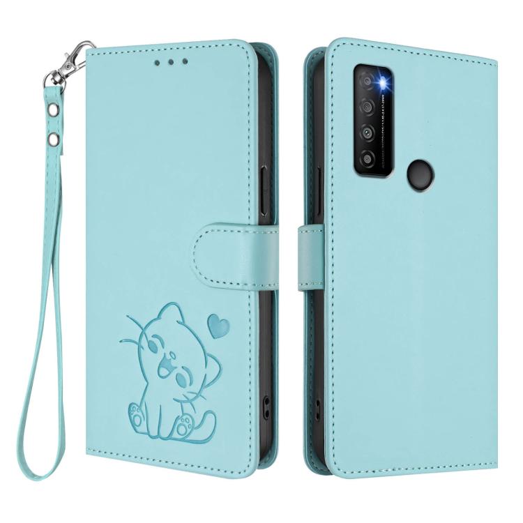 For TCL 30 XL / T701DL Embossed Heart Cat Leather Phone Case with Hand Strap