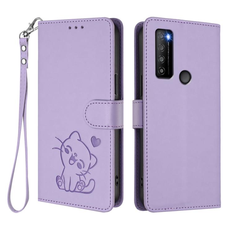 For TCL 30 XL / T701DL Embossed Heart Cat Leather Phone Case with Hand Strap
