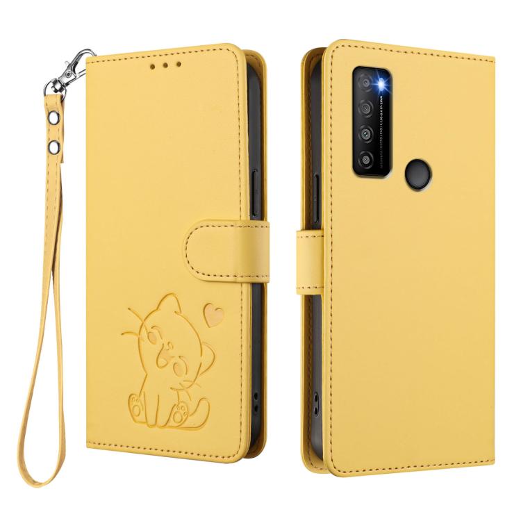 For TCL 30 XL / T701DL Embossed Heart Cat Leather Phone Case with Hand Strap