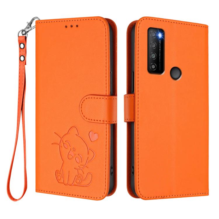 For TCL 30 XL / T701DL Embossed Heart Cat Leather Phone Case with Hand Strap