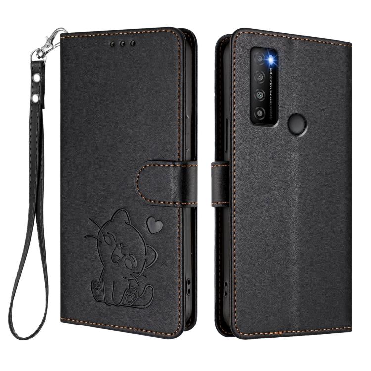 For TCL 30 XL / T701DL Embossed Heart Cat Leather Phone Case with Hand Strap