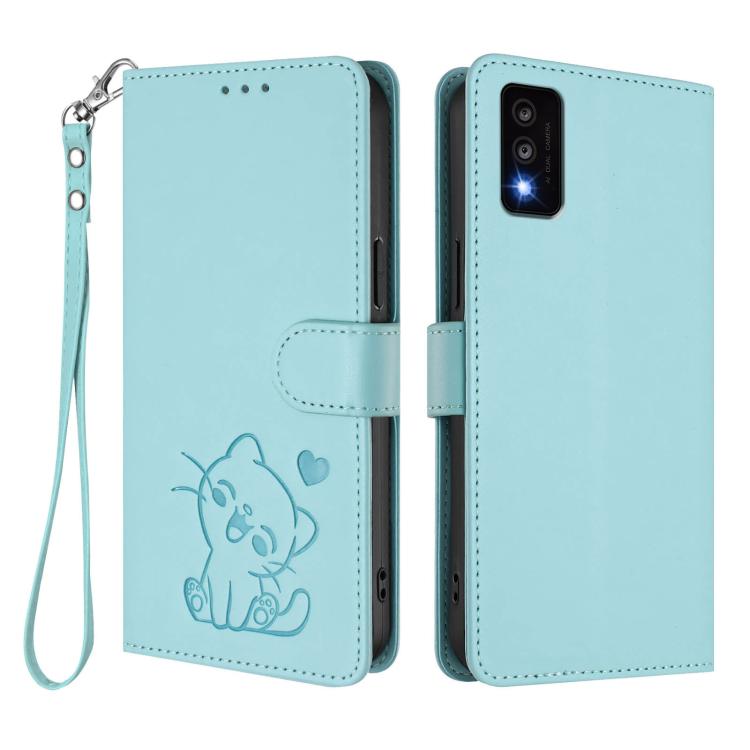 For TCL 30T / T603DL Embossed Heart Cat Leather Phone Case with Hand Strap