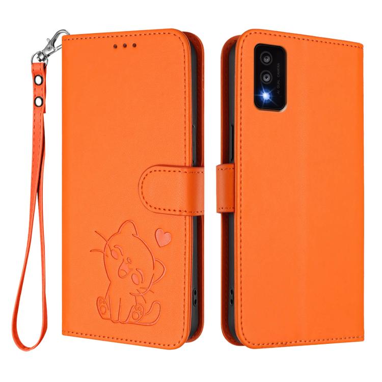For TCL 30T / T603DL Embossed Heart Cat Leather Phone Case with Hand Strap
