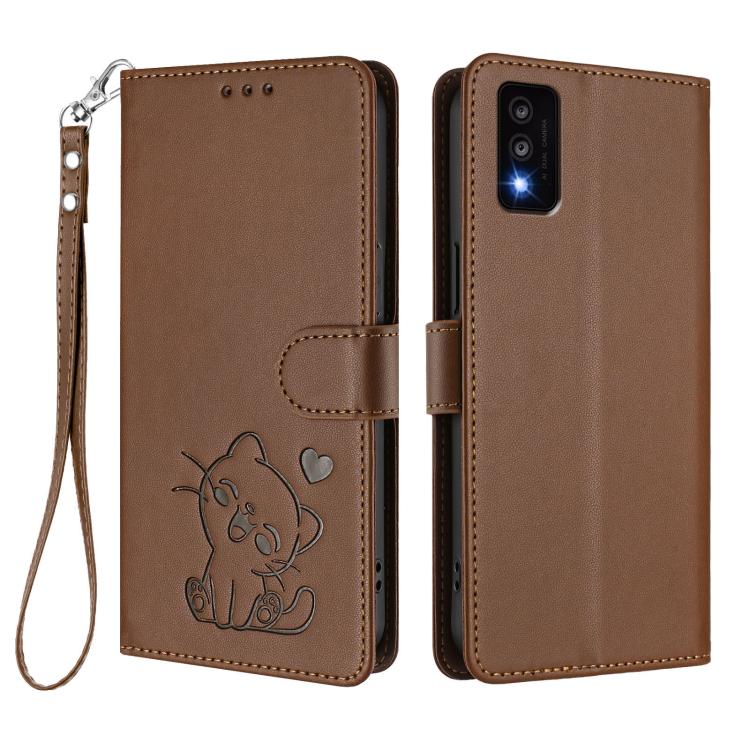 For TCL 30T / T603DL Embossed Heart Cat Leather Phone Case with Hand Strap