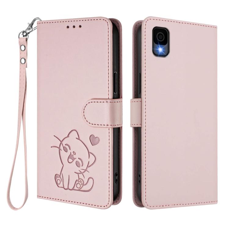 For TCL 30Z / T602DL / 30 LE / T602DL Embossed Heart Cat Leather Phone Case with Hand Strap