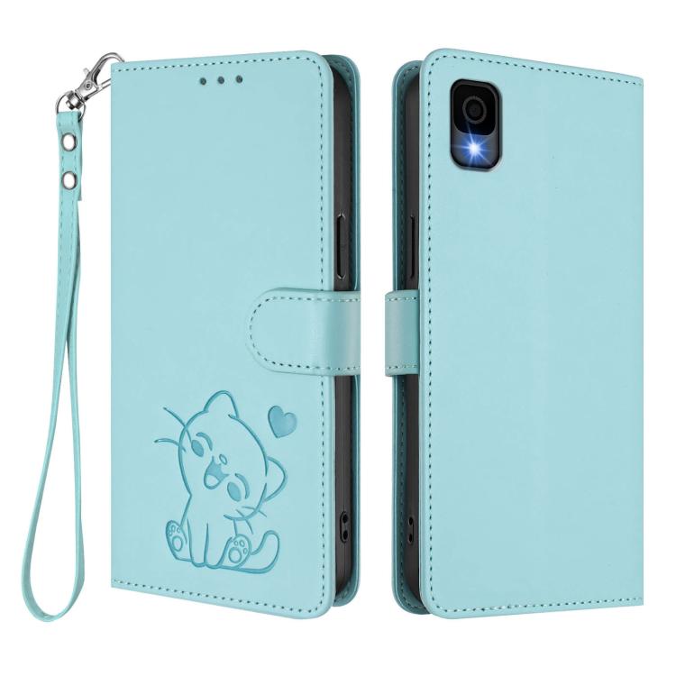For TCL 30Z / T602DL / 30 LE / T602DL Embossed Heart Cat Leather Phone Case with Hand Strap