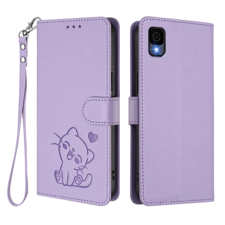 For TCL 30Z / T602DL / 30 LE / T602DL Embossed Heart Cat Leather Phone Case with Hand Strap