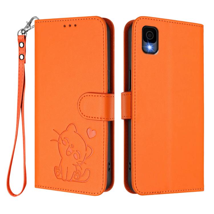 For TCL 30Z / T602DL / 30 LE / T602DL Embossed Heart Cat Leather Phone Case with Hand Strap