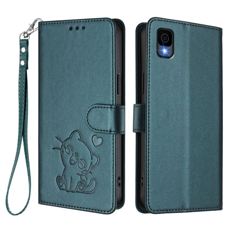 For TCL 30Z / T602DL / 30 LE / T602DL Embossed Heart Cat Leather Phone Case with Hand Strap