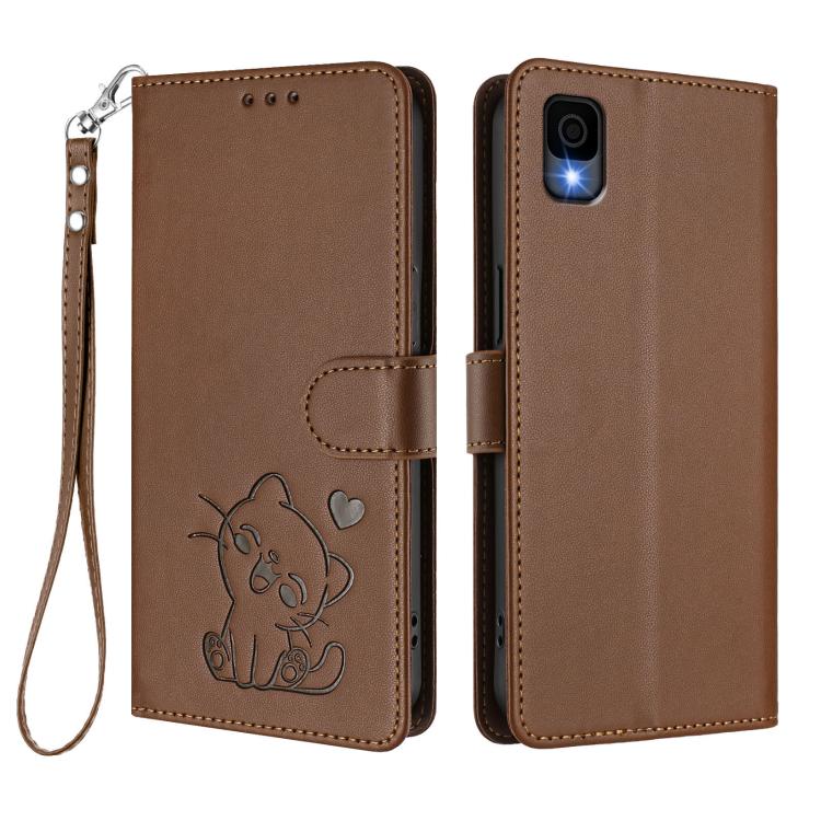 For TCL 30Z / T602DL / 30 LE / T602DL Embossed Heart Cat Leather Phone Case with Hand Strap