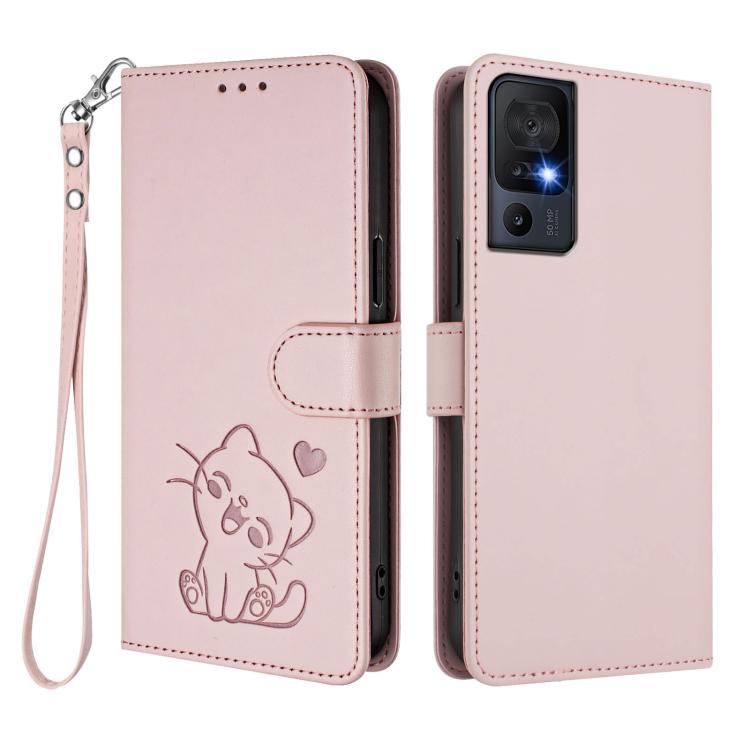 For TCL 40 SE Embossed Heart Cat Leather Phone Case with Hand Strap